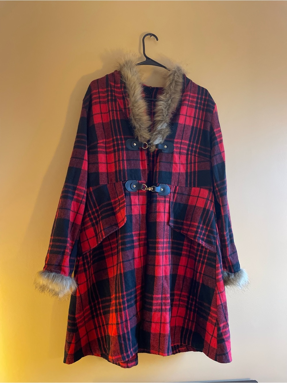 Red Plaid Cape Coat with Faux Fur Trim- Size Large.